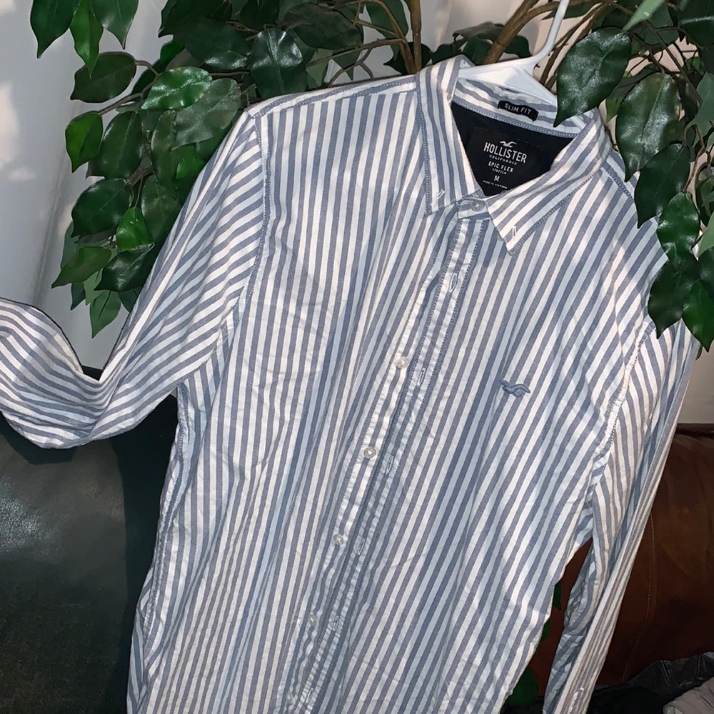 Hollister (M) pastel blue stripe on white shirt
